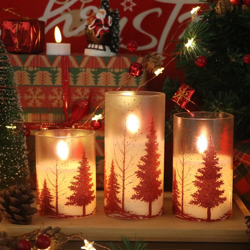 DRomance Christmas Tree Glass Flameless Candles with Remote Timer Battery Operated Real Wax 3D Wick LED Flickering Pillar Candles Christmas Holiday Decor(Red, 3 x 4,5,6 Inch) - Image 4